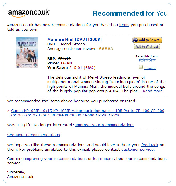 Amazon Mamma Mia email